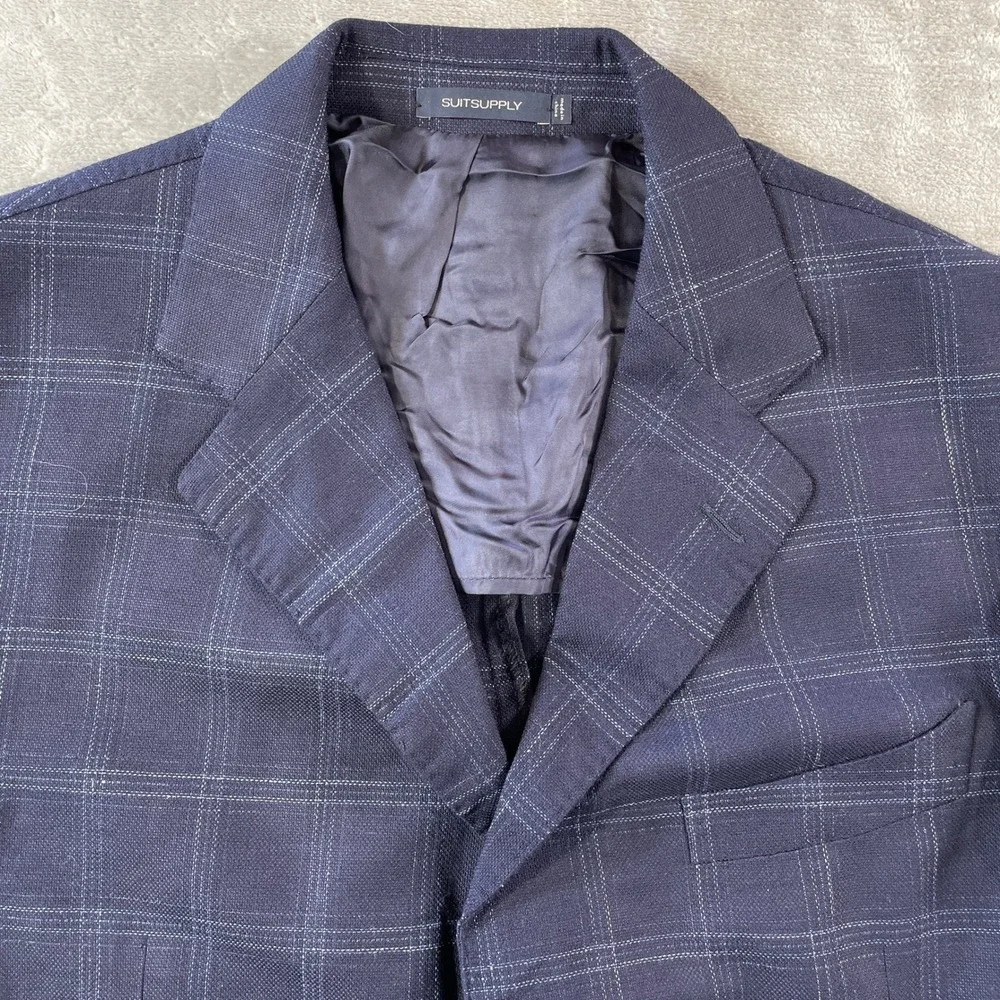 Suitsupply Blazer Sport Coat Mens 46R Navy Blue Windowpane Wool Stretch Office